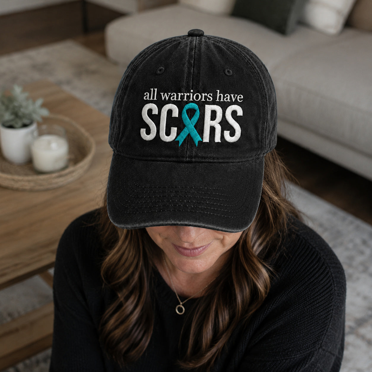 Personalized All Warriors Have Scars Teal Ribbon Embroidered Washed Cap, Awareness Gift
