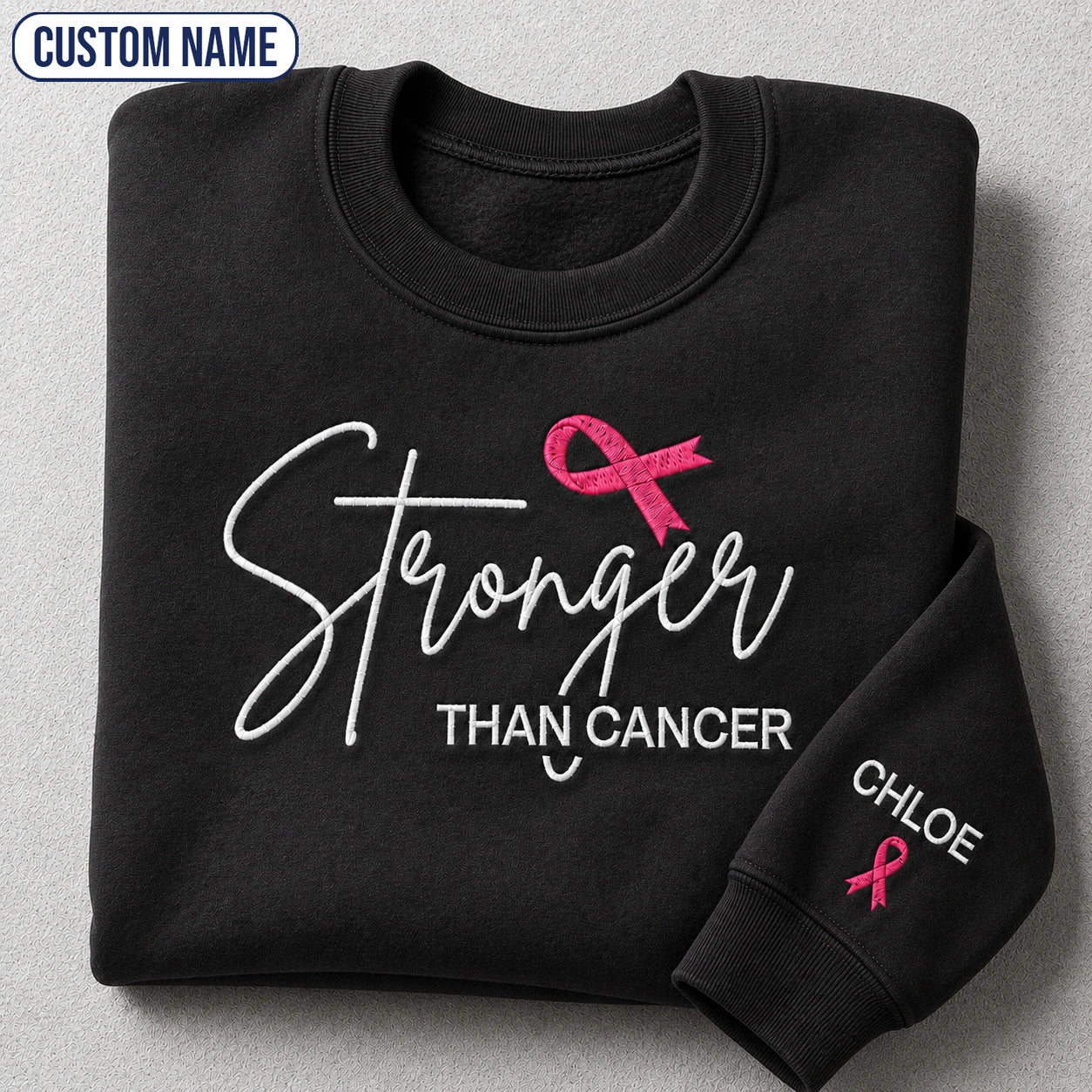 Personalized Stronger Pink Ribbon Embroidered Unisex Crewneck Sweatshirt, Awareness Gift