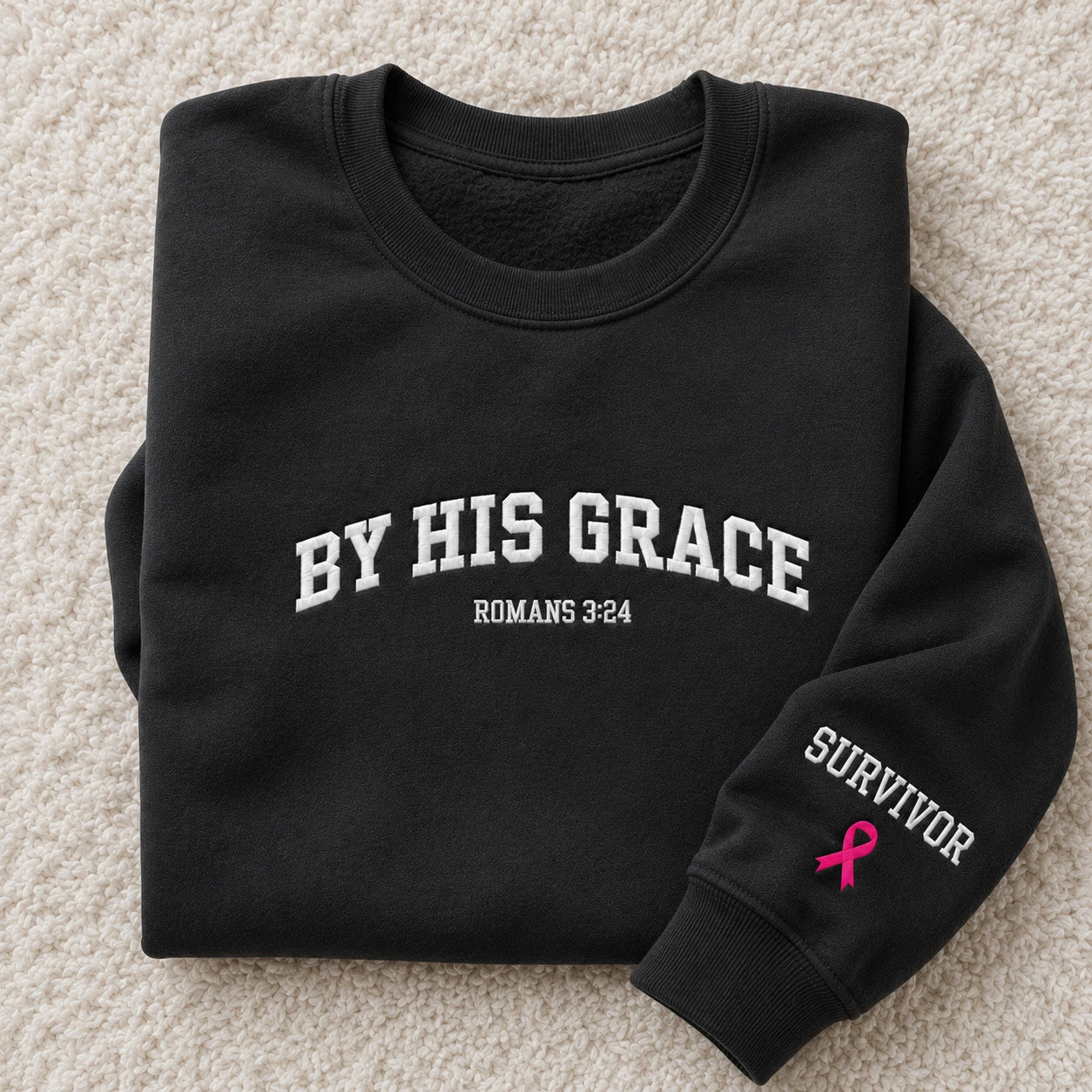 By His Grace Embroidered Unisex Crewneck Sweatshirt, Pink Ribbon Awareness Gift