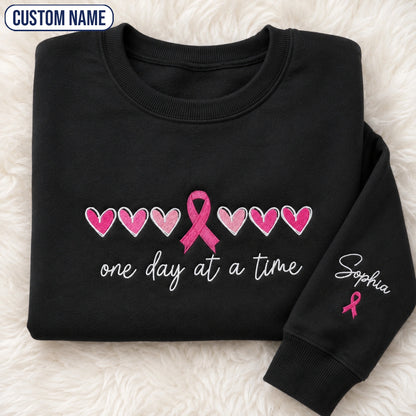 Personalized One Day At A Time Embroidered Unisex Crewneck Sweatshirt, Pink Ribbon Awareness Gift