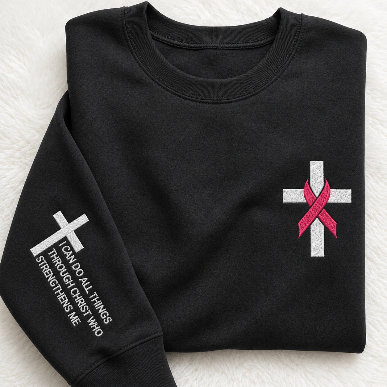 I Can Do All Things Through Christ Who Strengthens Me Embroidered Unisex Crewneck Sweatshirt, Pink Ribbon Awareness Gift