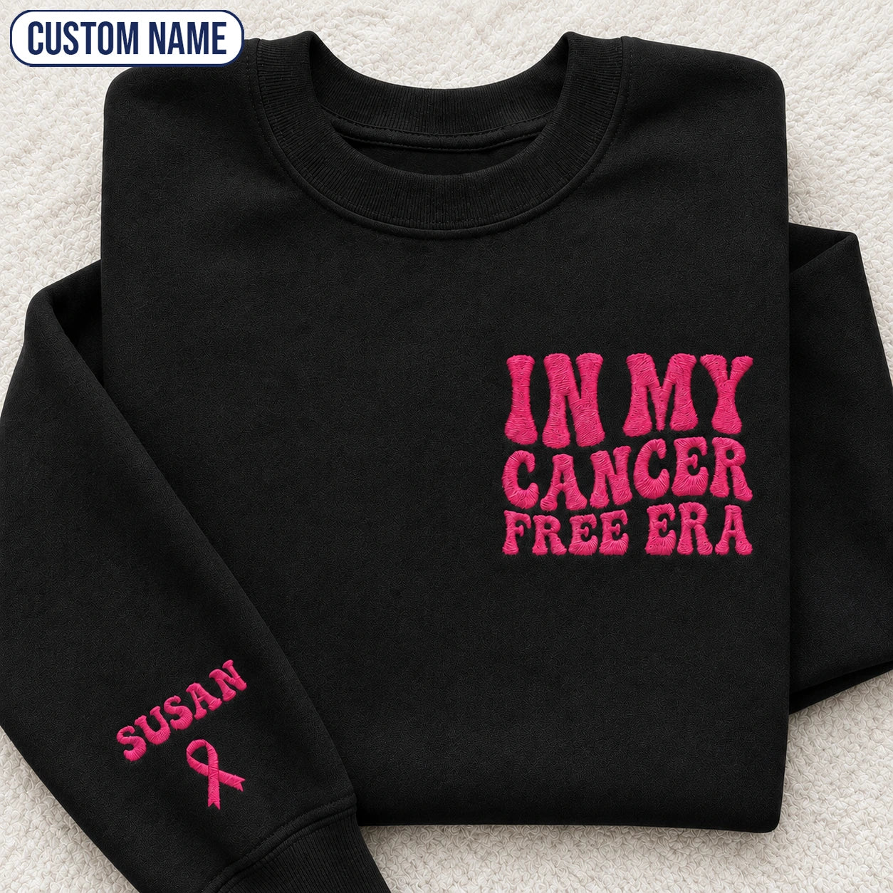 Personalized In My Free Era Pink Ribbon Embroidered Unisex Crewneck Sweatshirt, Awareness Gift