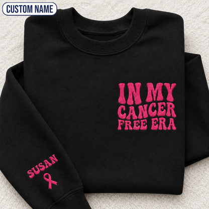Personalized In My Free Era Pink Ribbon Embroidered Unisex Crewneck Sweatshirt, Awareness Gift