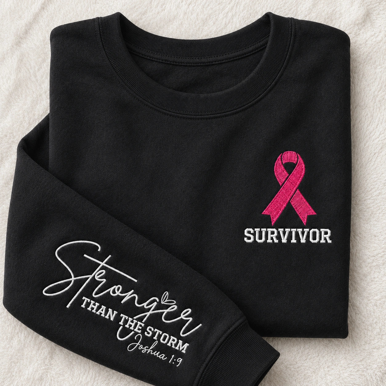 Stronger Than The Storm Embroidered Unisex Crewneck Sweatshirt, Pink Ribbon Awareness Gift