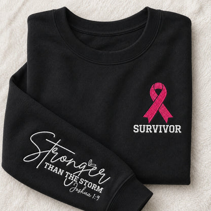 Stronger Than The Storm Embroidered Unisex Crewneck Sweatshirt, Pink Ribbon Awareness Gift