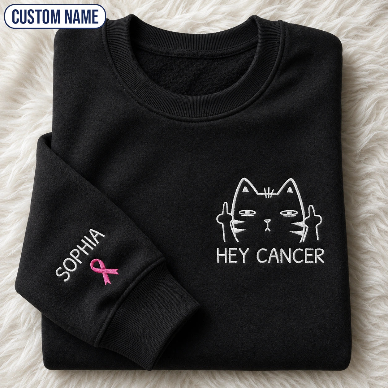 Personalized Funny Cat Pink Ribbon Embroidered Unisex Crewneck Sweatshirt, Awareness Gift