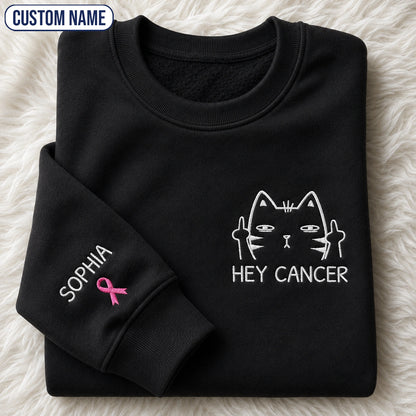 Personalized Funny Cat Pink Ribbon Embroidered Unisex Crewneck Sweatshirt, Awareness Gift