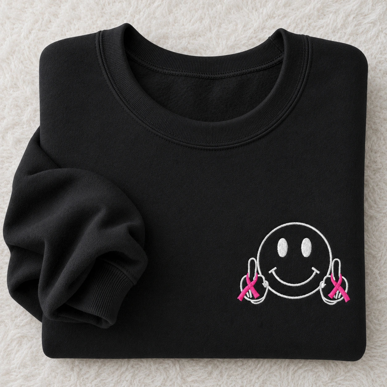 Hey Pink Ribbon Smiley Embroidered Unisex Crewneck Sweatshirt, Awareness Gift