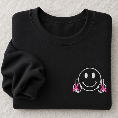 Hey Pink Ribbon Smiley Embroidered Unisex Crewneck Sweatshirt, Awareness Gift