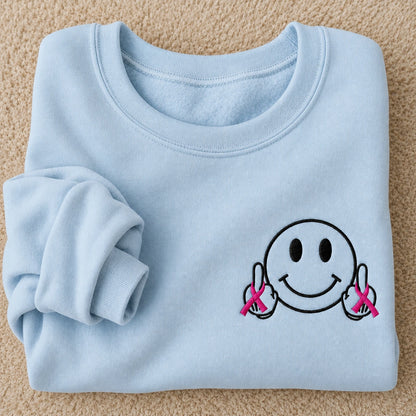 Hey Pink Ribbon Smiley Embroidered Unisex Crewneck Sweatshirt, Awareness Gift