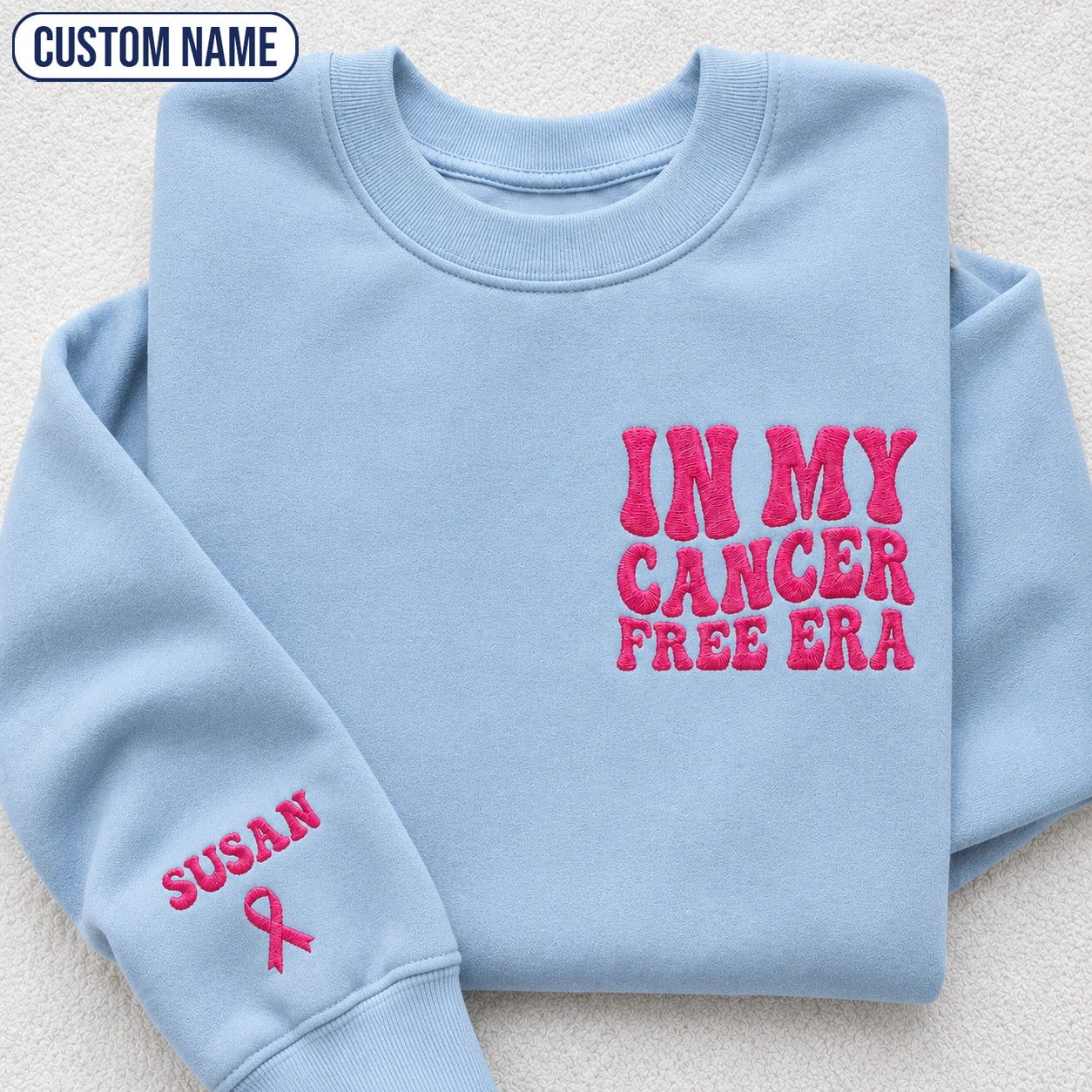 Personalized In My Free Era Pink Ribbon Embroidered Unisex Crewneck Sweatshirt, Awareness Gift