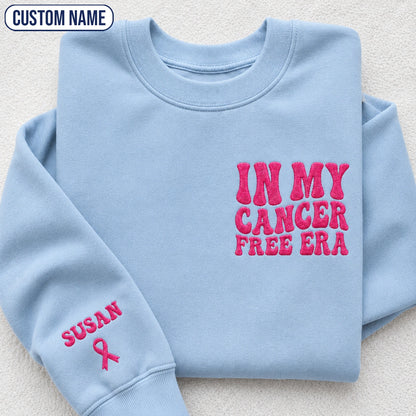 Personalized In My Free Era Pink Ribbon Embroidered Unisex Crewneck Sweatshirt, Awareness Gift