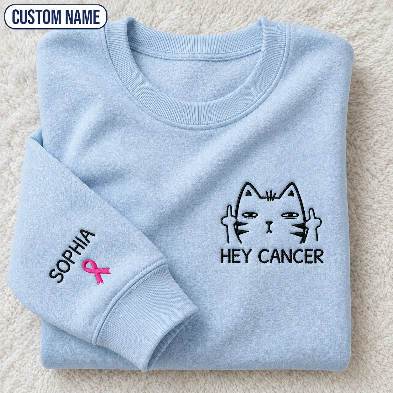 Personalized Funny Cat Pink Ribbon Embroidered Unisex Crewneck Sweatshirt, Awareness Gift