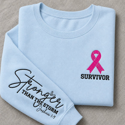 Stronger Than The Storm Embroidered Unisex Crewneck Sweatshirt, Pink Ribbon Awareness Gift