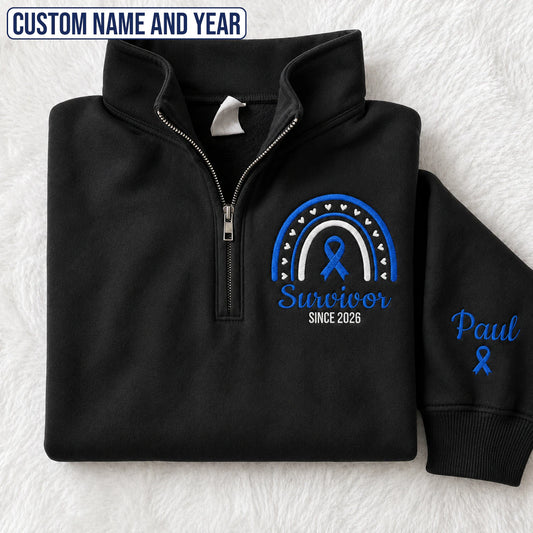 Personalized Dark Blue Ribbon Inspired Name & Year Embroidered Unisex Quarter Zip Sweatshirt, Awareness Gift