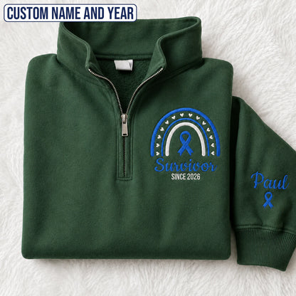 Personalized Blue Ribbon Inspired Name & Year Embroidered Unisex Quarter Zip Sweatshirt, Awareness Gift