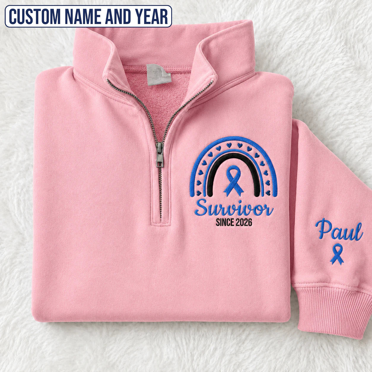 Personalized Blue Ribbon Inspired Name & Year Embroidered Unisex Quarter Zip Sweatshirt, Awareness Gift