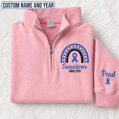 Personalized Blue Ribbon Inspired Name & Year Embroidered Unisex Quarter Zip Sweatshirt, Awareness Gift