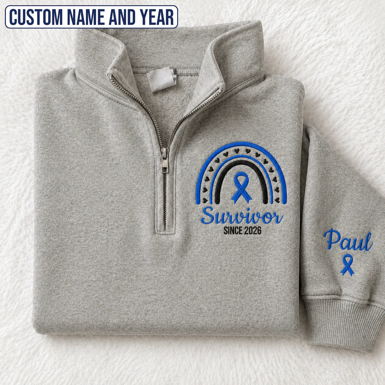 Personalized Blue Ribbon Inspired Name & Year Embroidered Unisex Quarter Zip Sweatshirt, Awareness Gift