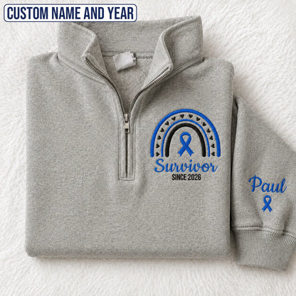 Personalized Blue Ribbon Inspired Name & Year Embroidered Unisex Quarter Zip Sweatshirt, Awareness Gift