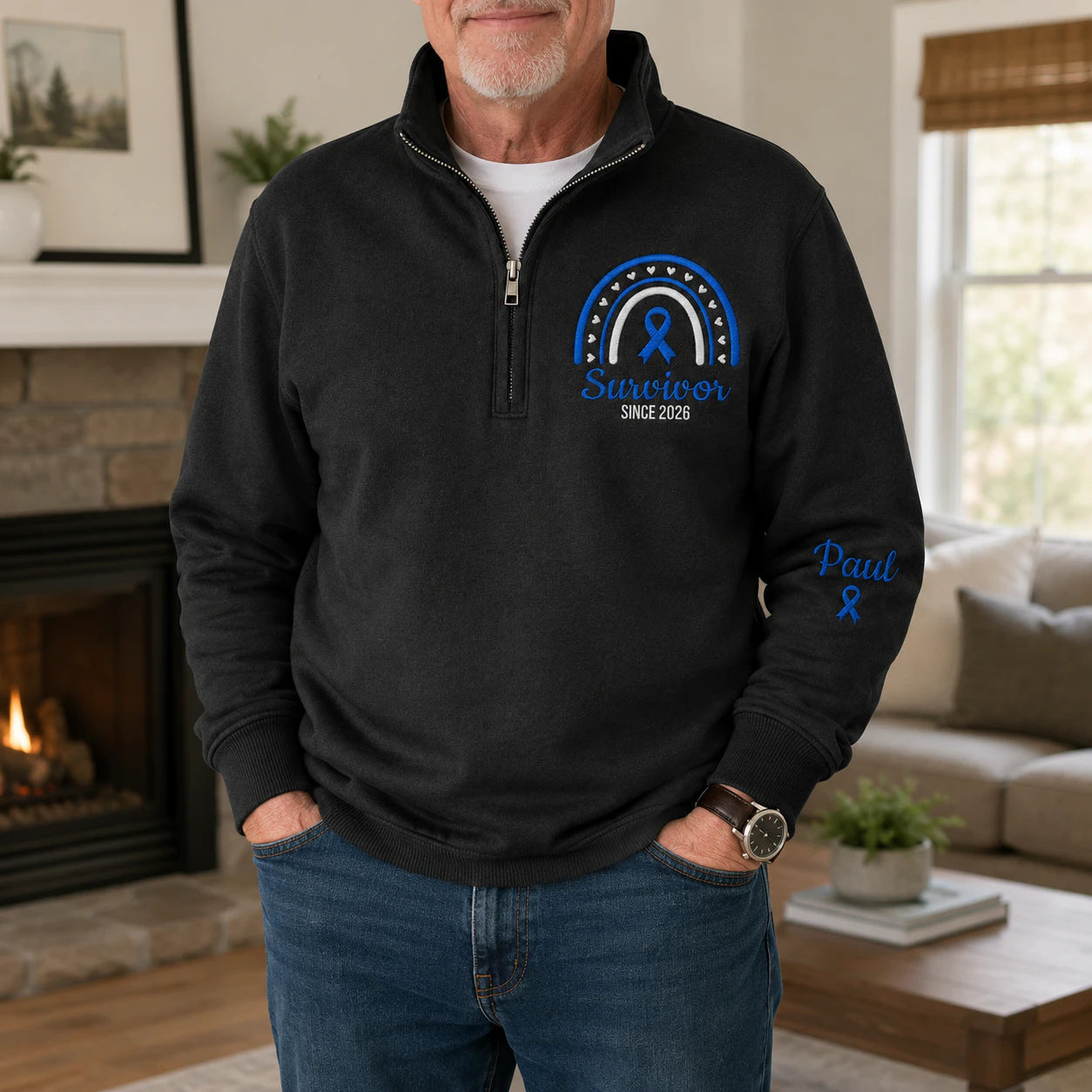 Personalized Blue Ribbon Inspired Name & Year Embroidered Unisex Quarter Zip Sweatshirt, Awareness Gift