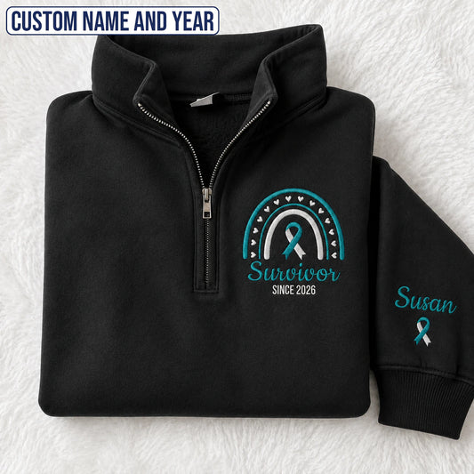Personalized Teal and White Ribbon Inspired Name & Year Embroidered Unisex Quarter Zip Sweatshirt, Awareness Gift