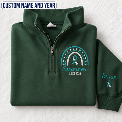 Personalized Teal and White Ribbon Inspired Name & Year Embroidered Unisex Quarter Zip Sweatshirt, Awareness Gift