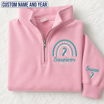 Personalized Teal and White Ribbon Inspired Name & Year Embroidered Unisex Quarter Zip Sweatshirt, Awareness Gift