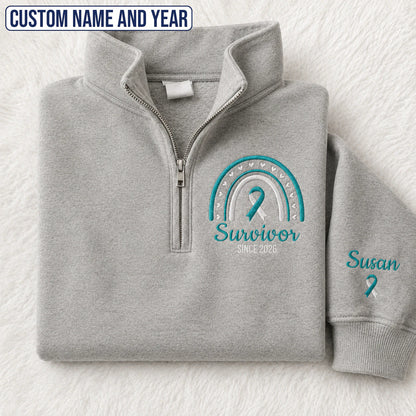 Personalized Teal and White Ribbon Inspired Name & Year Embroidered Unisex Quarter Zip Sweatshirt, Awareness Gift