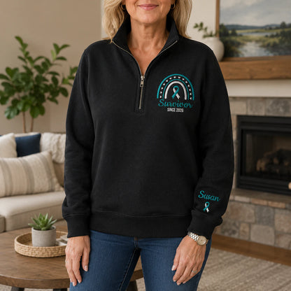 Personalized Teal and White Ribbon Inspired Name & Year Embroidered Unisex Quarter Zip Sweatshirt, Awareness Gift