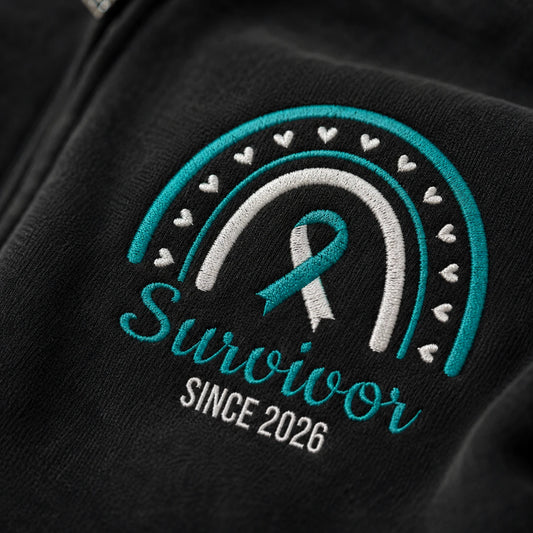 Personalized Teal and White Ribbon Inspired Name & Year Embroidered Unisex Quarter Zip Sweatshirt, Awareness Gift