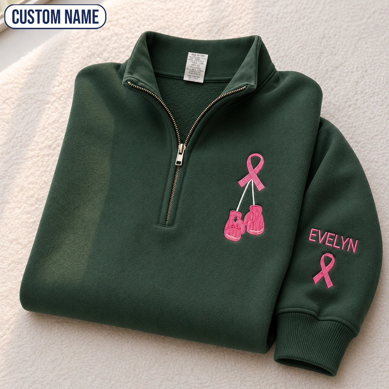 Personalized Pink Ribbon Boxing Gloves Embroidered Unisex Quarter Zip Sweatshirt, Awareness Gift