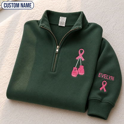 Personalized Pink Ribbon Boxing Gloves Embroidered Unisex Quarter Zip Sweatshirt, Awareness Gift