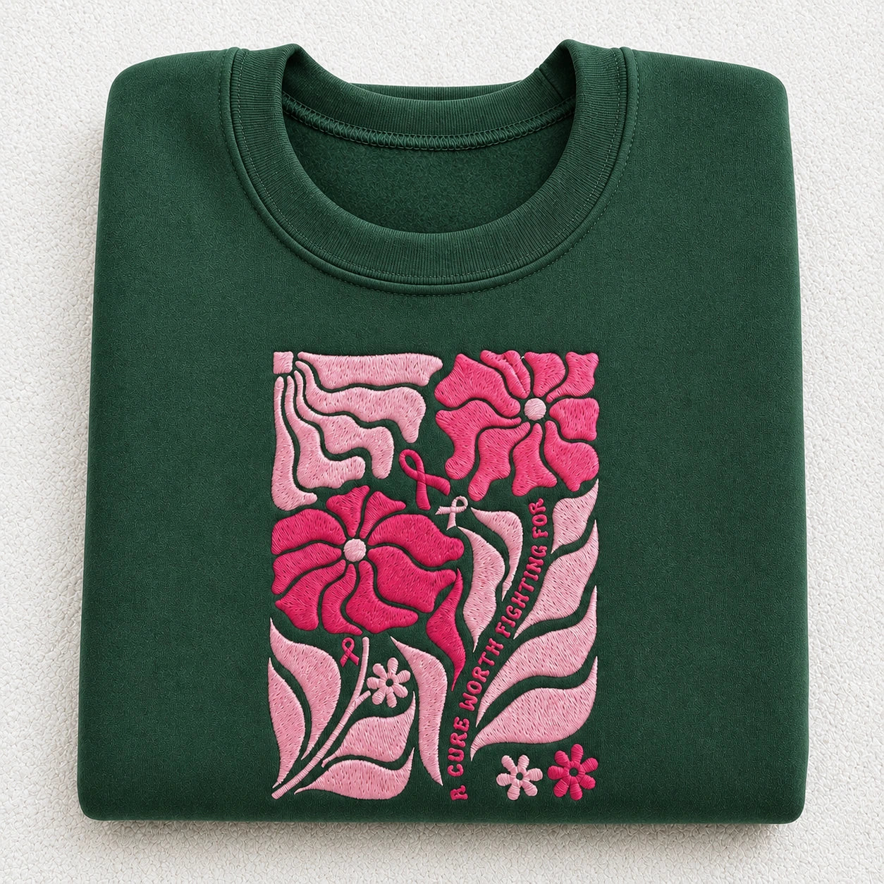 A Cure Worth Fighting For Embroidered Unisex Crewneck Sweatshirt, Pink Ribbon Awareness Gift