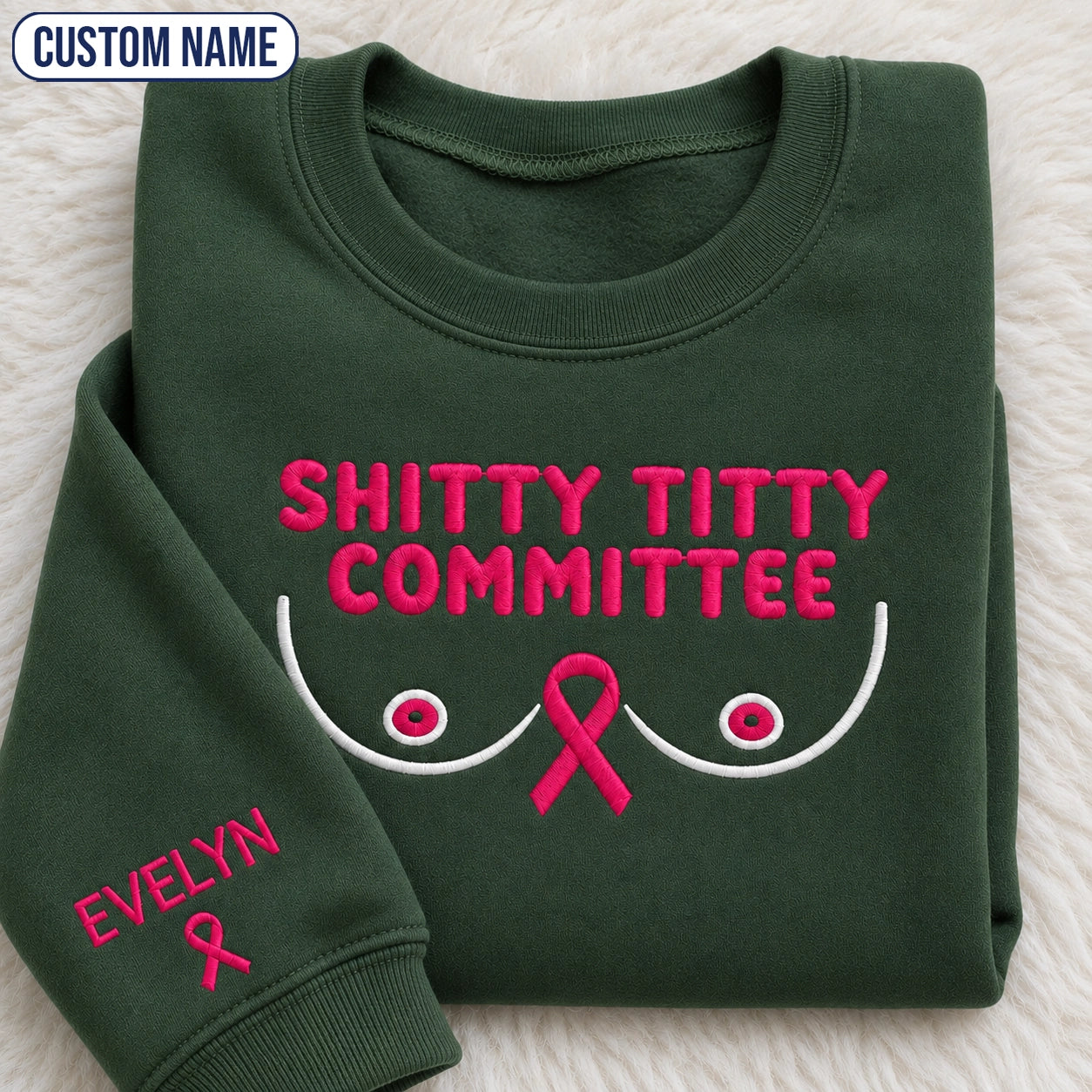Personalized Shitty Titty Committee Embroidered Unisex Crewneck Sweatshirt, Pink Ribbon Awareness Gift