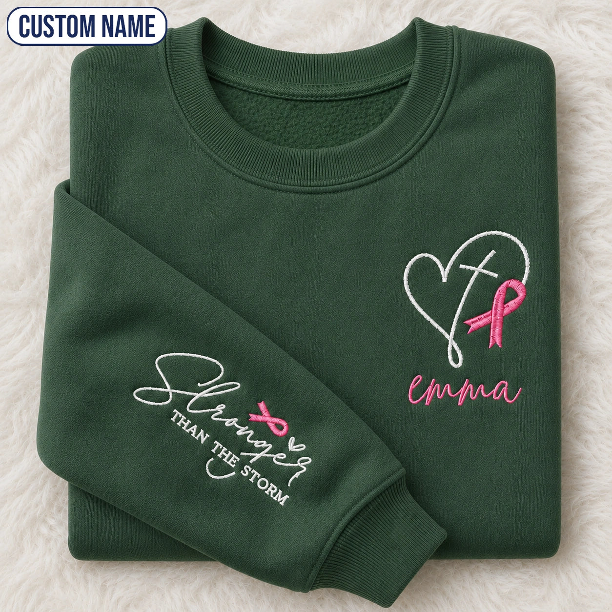 Personalized Stronger Than The Storm Embroidered Unisex Crewneck Sweatshirt, Pink Ribbon Awareness Gift