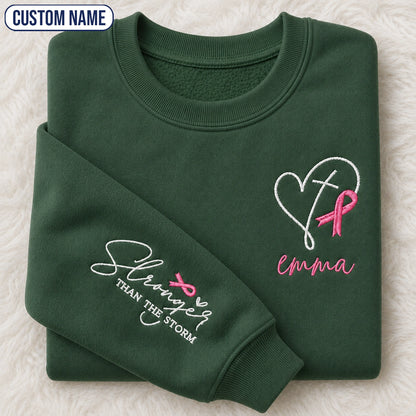 Personalized Stronger Than The Storm Embroidered Unisex Crewneck Sweatshirt, Pink Ribbon Awareness Gift