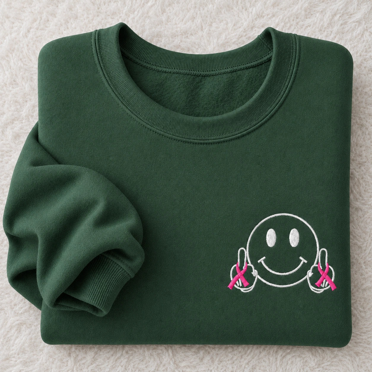 Hey Pink Ribbon Smiley Embroidered Unisex Crewneck Sweatshirt, Awareness Gift