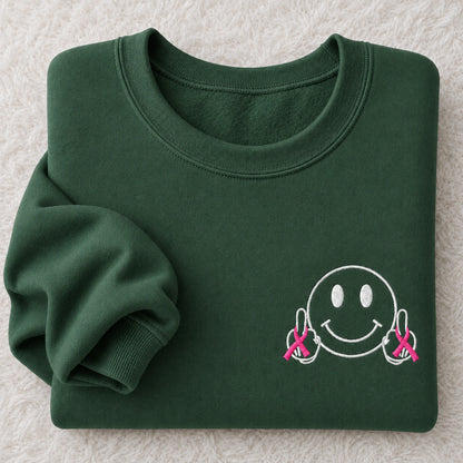 Hey Pink Ribbon Smiley Embroidered Unisex Crewneck Sweatshirt, Awareness Gift