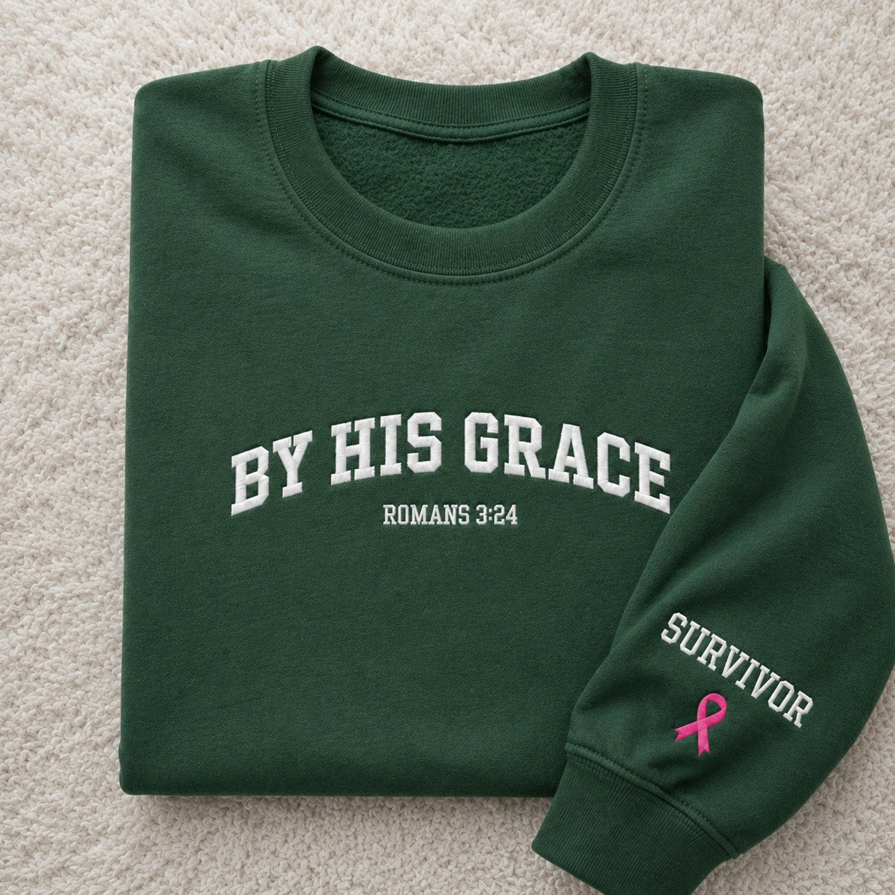 By His Grace Embroidered Unisex Crewneck Sweatshirt, Pink Ribbon Awareness Gift