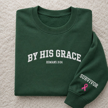 By His Grace Embroidered Unisex Crewneck Sweatshirt, Pink Ribbon Awareness Gift