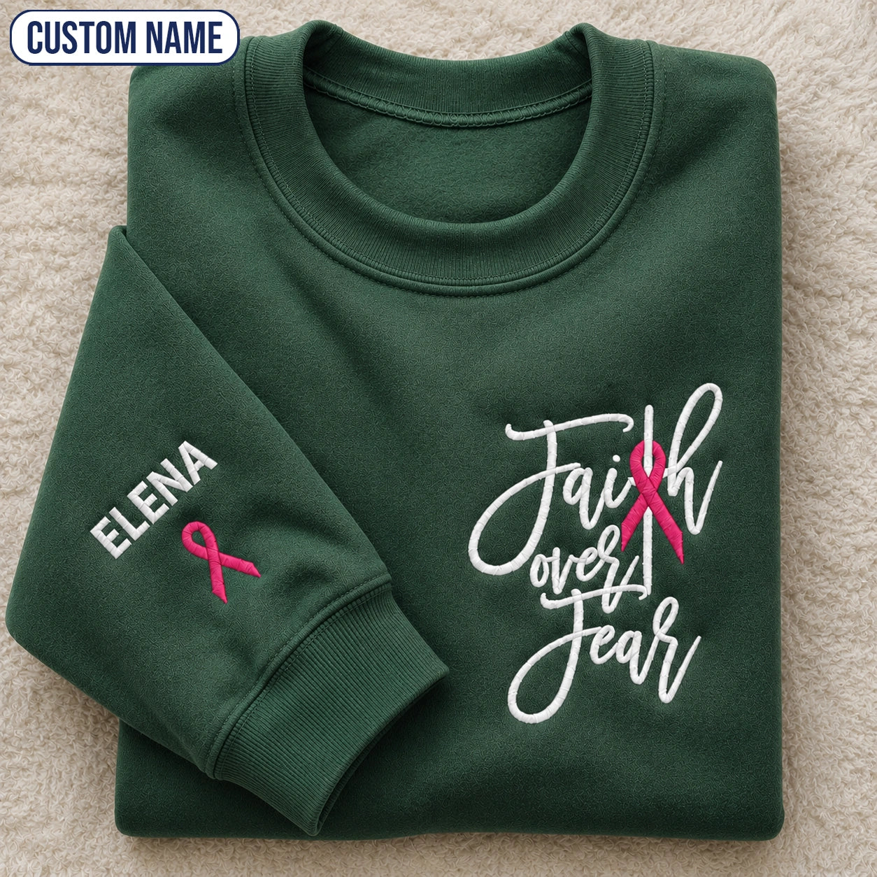 Personalized Faith Over Fear Embroidered Unisex Crewneck Sweatshirt, Pink Ribbon Awareness Gift