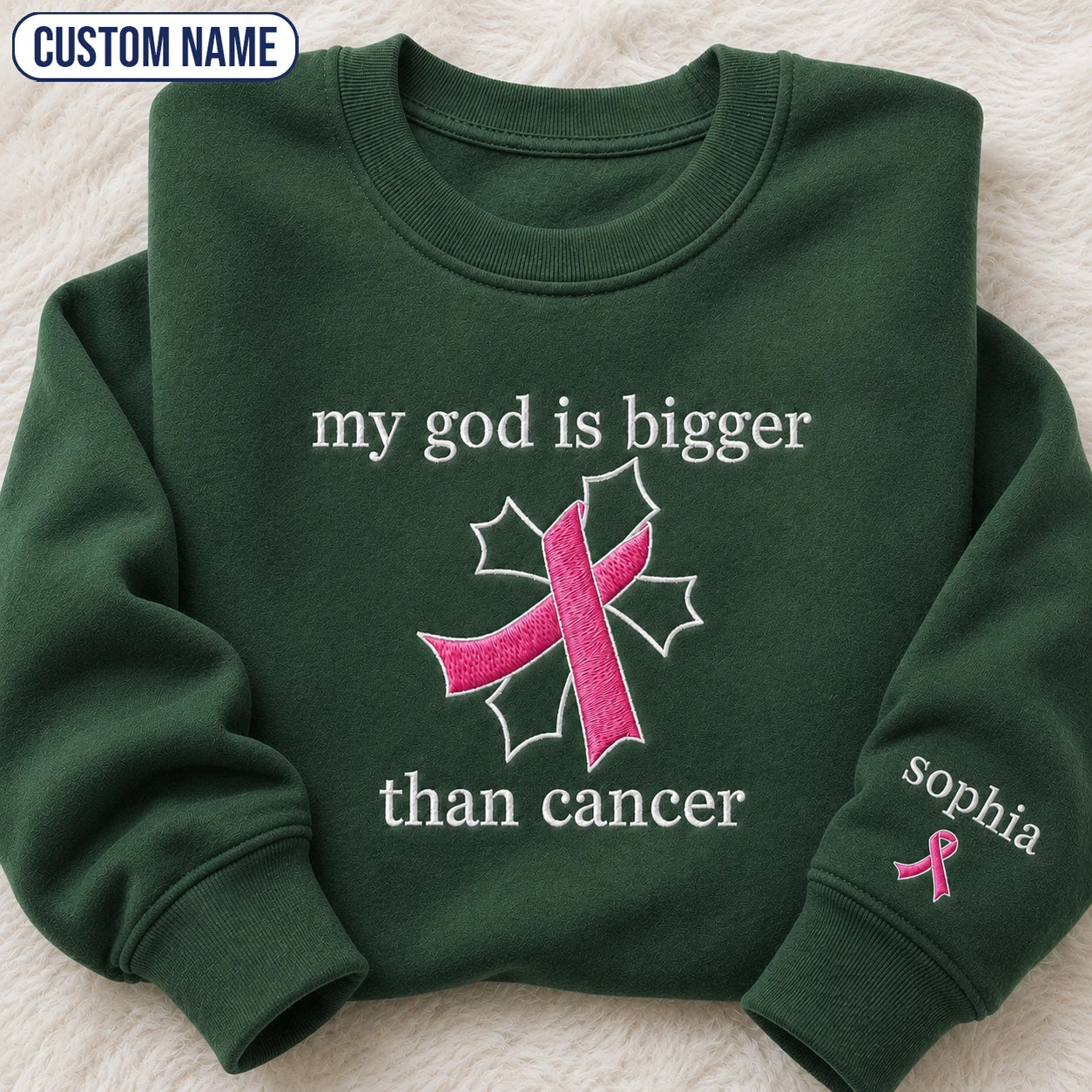 Personalized My God Is Bigger Embroidered Unisex Crewneck Sweatshirt, Pink Ribbon Awareness Gift