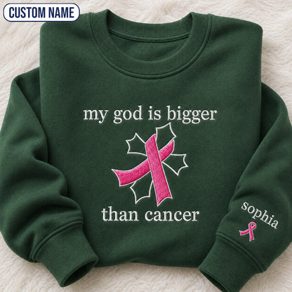 Personalized My God Is Bigger Embroidered Unisex Crewneck Sweatshirt, Pink Ribbon Awareness Gift