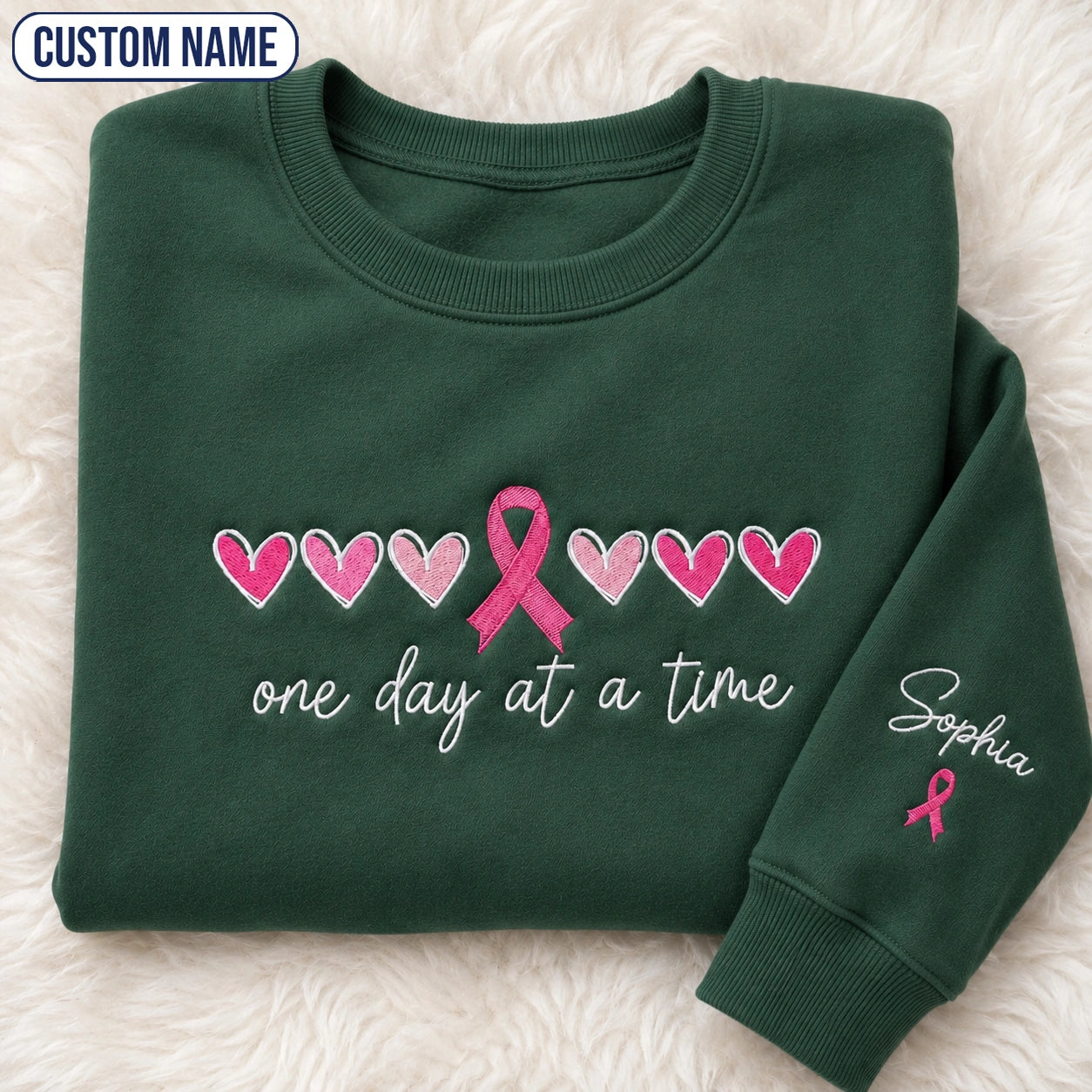 Personalized One Day At A Time Embroidered Unisex Crewneck Sweatshirt, Pink Ribbon Awareness Gift