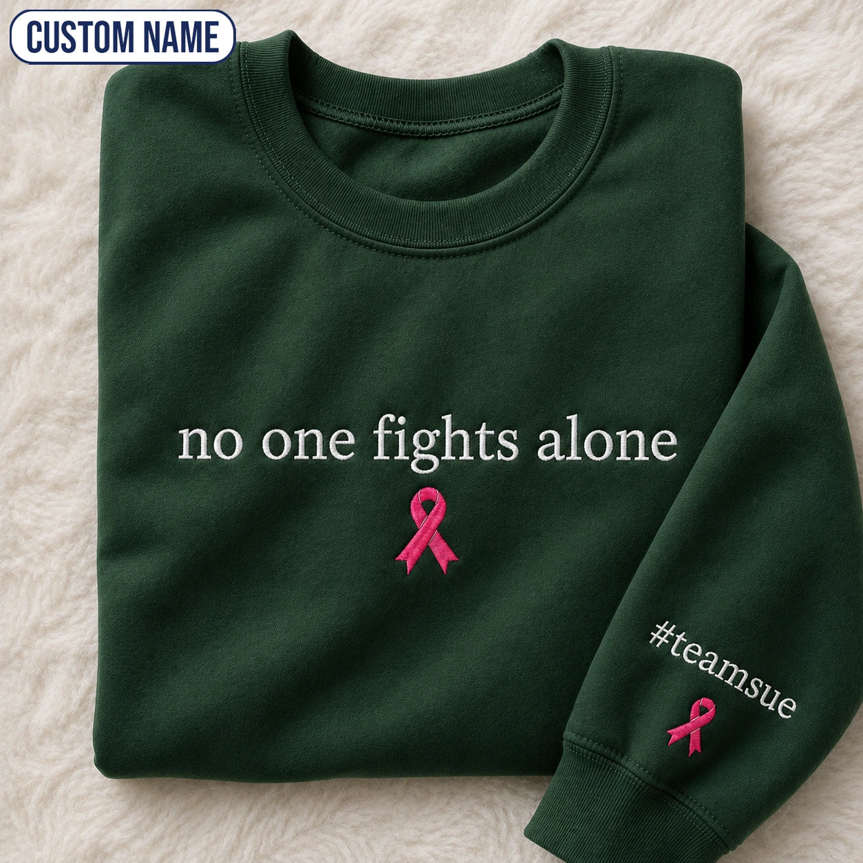 Personalized No One Fights Alone Embroidered Unisex Crewneck Sweatshirt, Pink Ribbon Awareness Gift