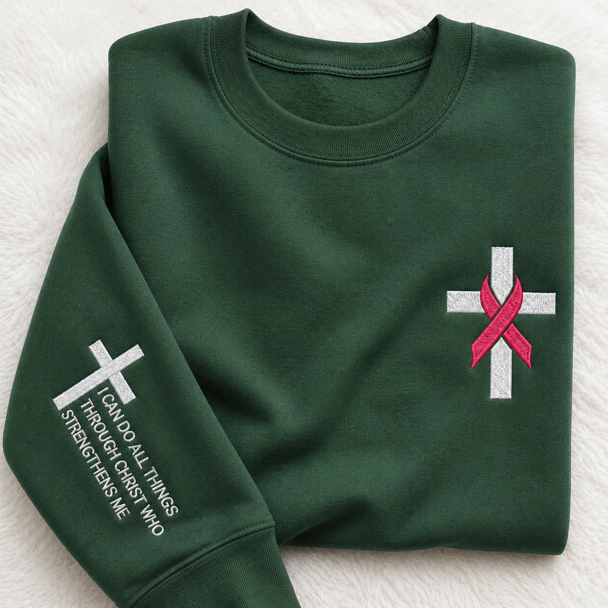 I Can Do All Things Through Christ Who Strengthens Me Embroidered Unisex Crewneck Sweatshirt, Pink Ribbon Awareness Gift