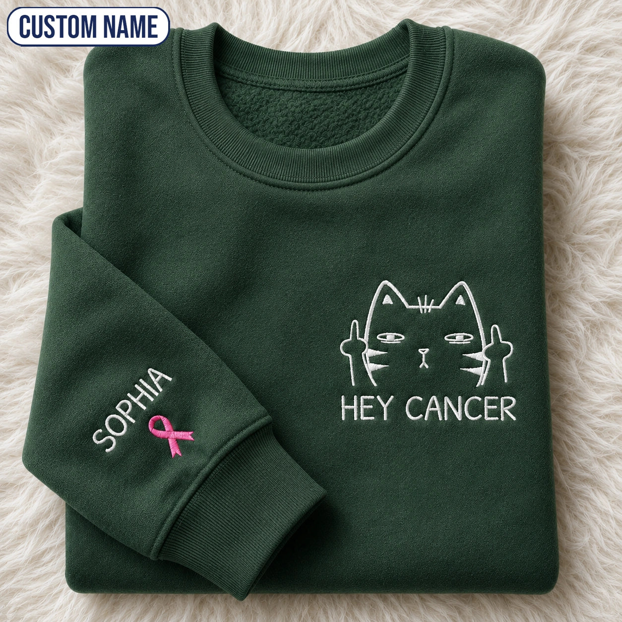 Personalized Funny Cat Pink Ribbon Embroidered Unisex Crewneck Sweatshirt, Awareness Gift