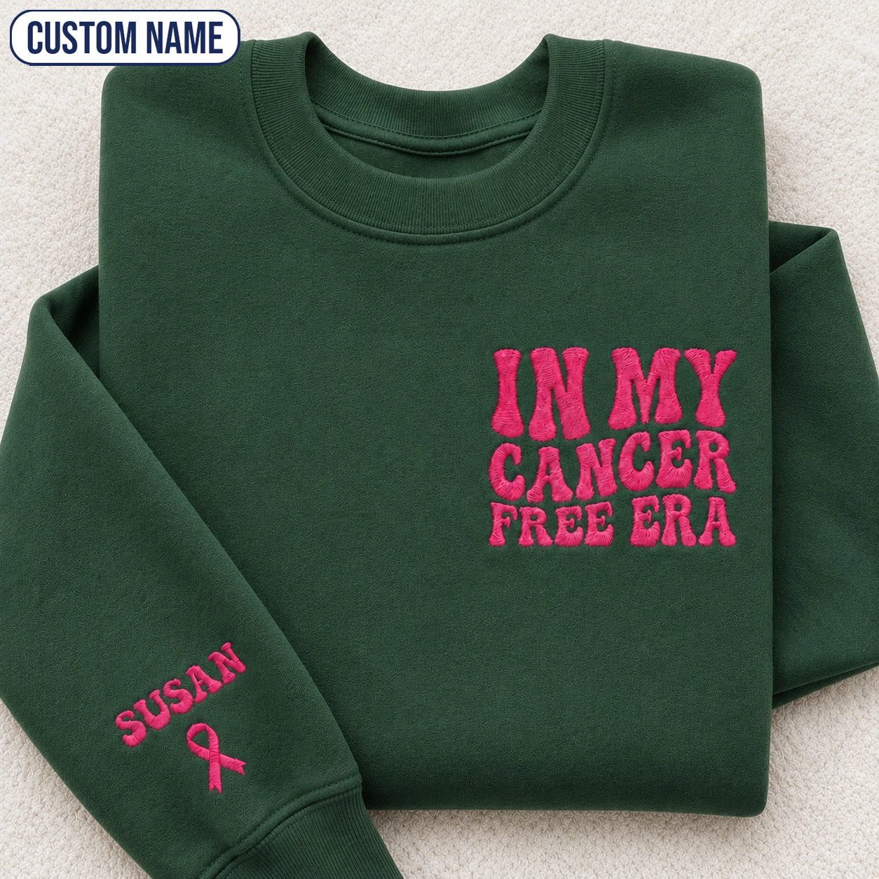Personalized In My Free Era Pink Ribbon Embroidered Unisex Crewneck Sweatshirt, Awareness Gift