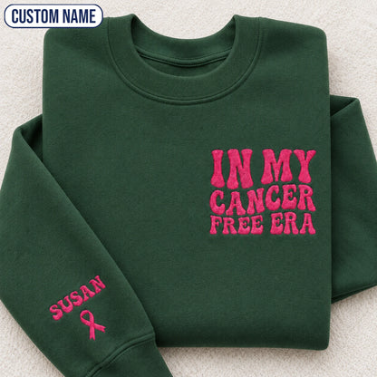 Personalized In My Free Era Pink Ribbon Embroidered Unisex Crewneck Sweatshirt, Awareness Gift
